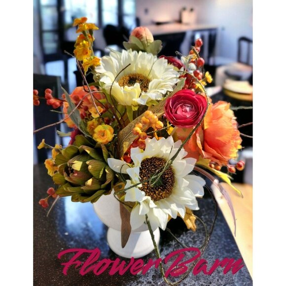 Autumn Artificial Floral Centerpiece With Sunflowers & Ranunculus Arrangement Wh - Picture 9 of 9